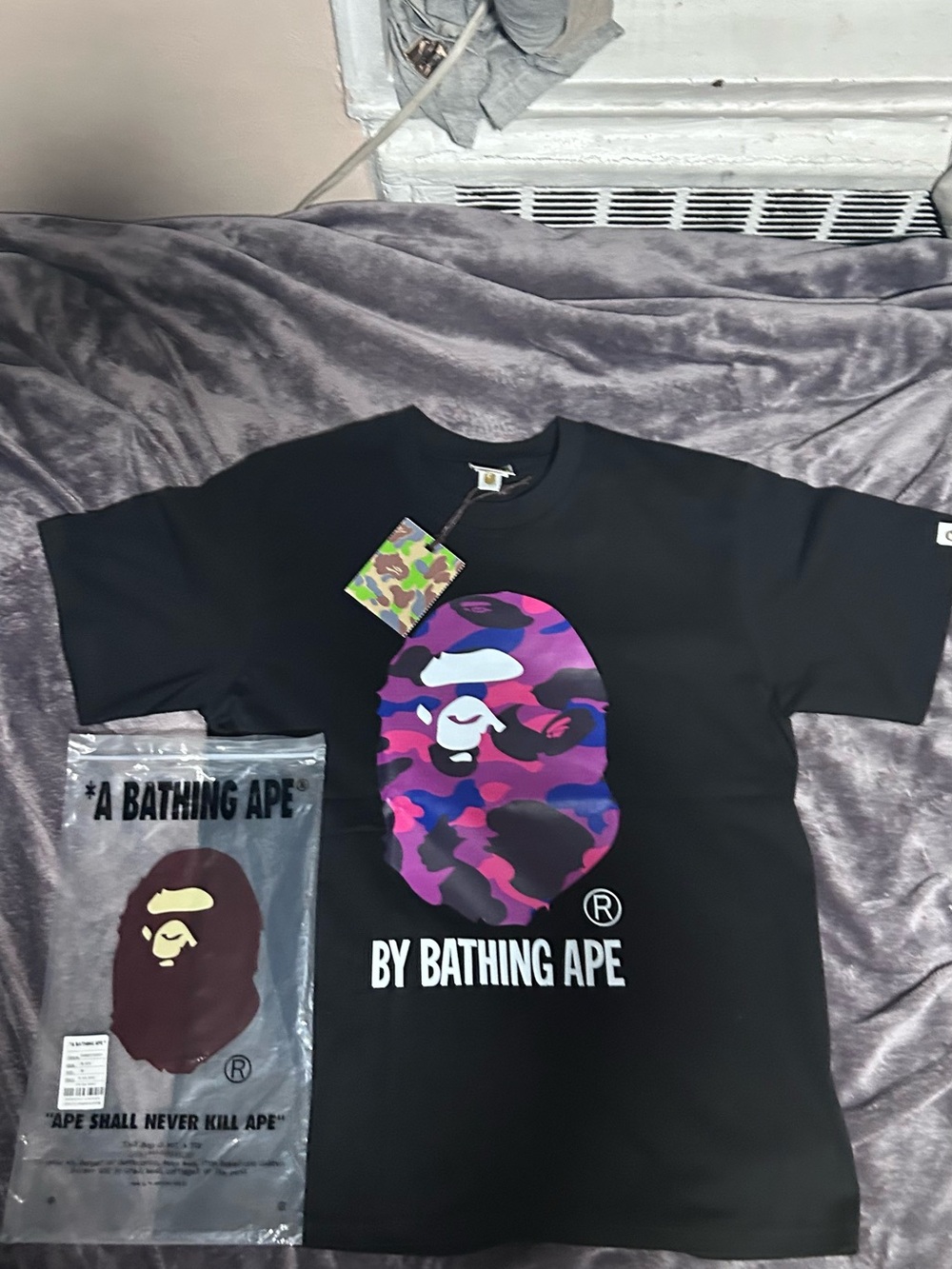 Bape Black Tee with Purple & Pink Camo Ape Graphic